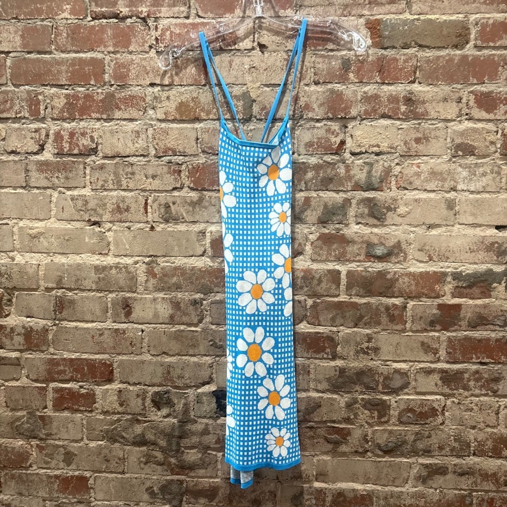 Zara Blue Gingham Daisy Floral Knit Mini Dress Open Back Size Small - Picture 7 of 15